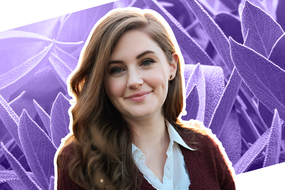 Photo of Valerie smiling with purple sage image behind