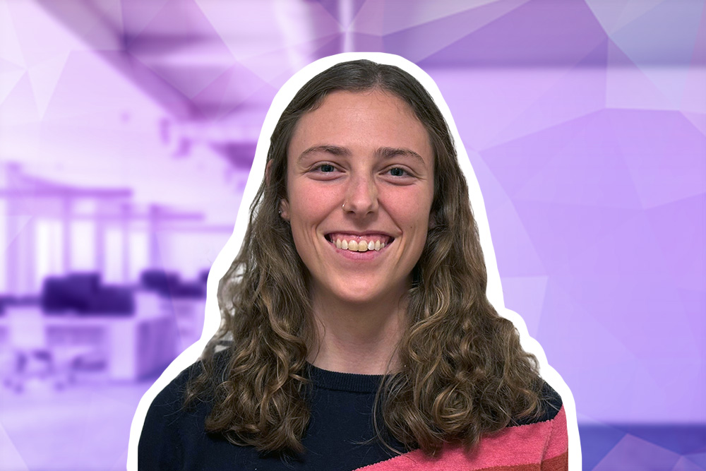 Photograph of Leah with purple background