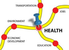 Graphic of a "map" with a dot labeled "Health" at the intersection of two "roads."