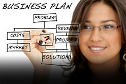 Graphic of a woman drawing a diagram of a business plan on a whiteboard.