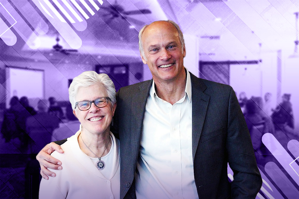 Image of Betty (left) and Bruce (right) smiling with purple overlayed on background image of classroom