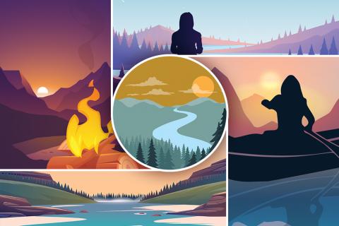 Graphic with 5 sections. Left: mountains in background and fire in foreground. Bottom: River center view. RightL silhouetted person on water in a canoe with mountains in the background. Top: silhouetted person with mountains in the background. Center: landscape with trees in foreground, river cutting through mountains in background, sun in sky with a few clouds.