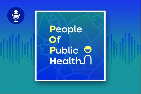 Blue to teal gradient graphic with square in middle with white frame. Says People of Public Health.