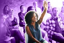 Photo of woman in a classroom raising her had with a purple background