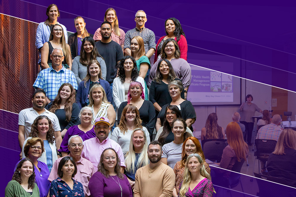 Photograph of the Public Health Management cohort with purple background