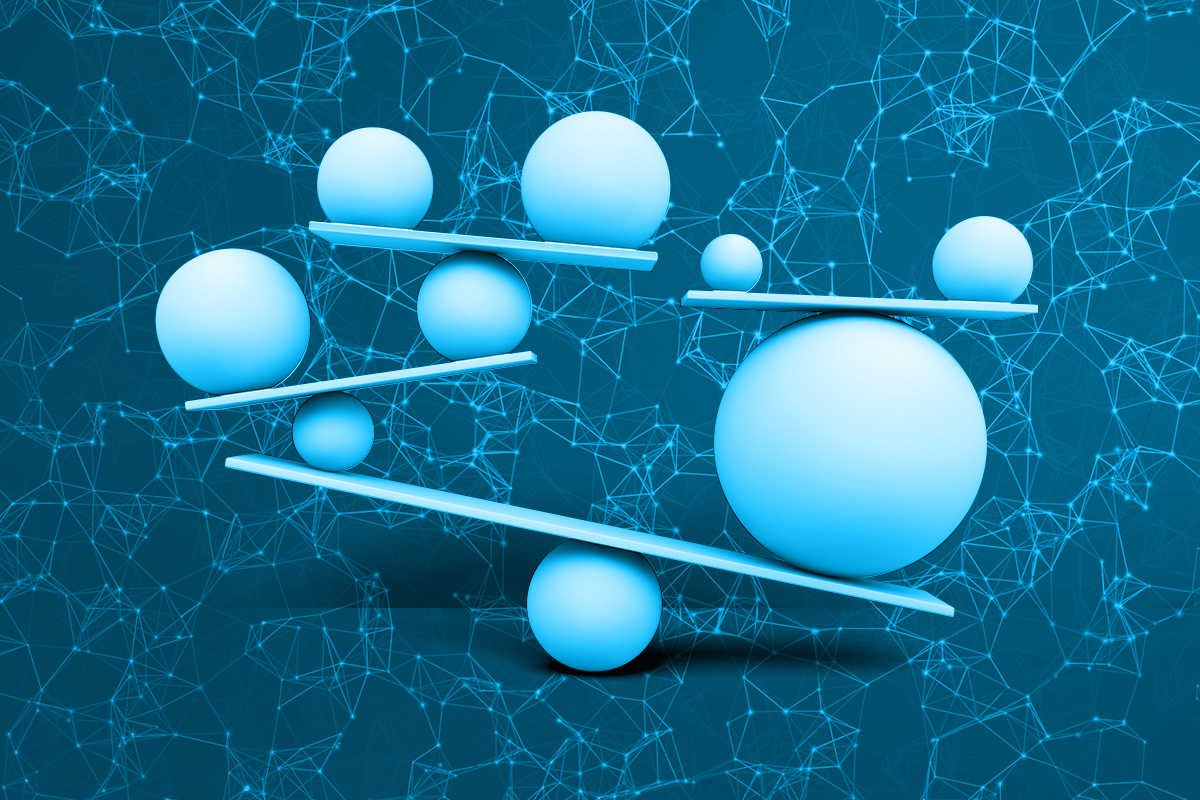 A graphic of mutiple levels of spheres balancing with a blue background